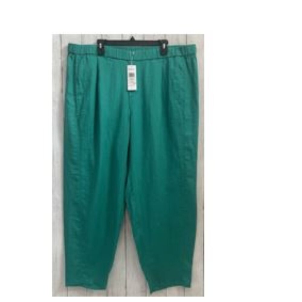 NWT Eileen Fisher 100% Organic Linen Lantern Ankle Green 2X Pants Pull On Pocket